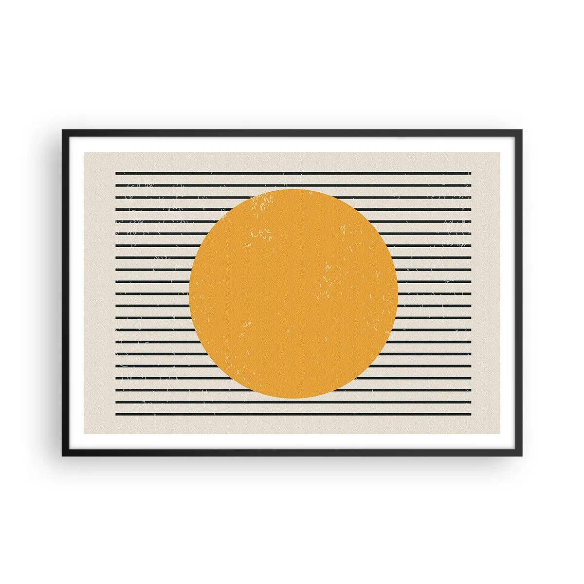 Póster en marco negro - Un círculo amarillo sobre un fondo de líneas horizontales blancas y negras. - 100x70cm - El poder de la sencillez - Decoración de pared moderna para salón y dormitorio ARTTOR