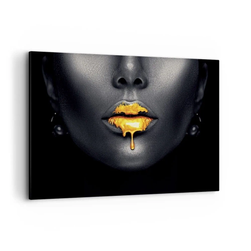 Cuadro sobre lienzo - Impresión de Imagen - Retrato en negro y dorado de una mujer con una gota de oro en los labios. - 100x70cm - Labios de oro - Decoración de pared moderna para salón y dormitorio ARTTOR