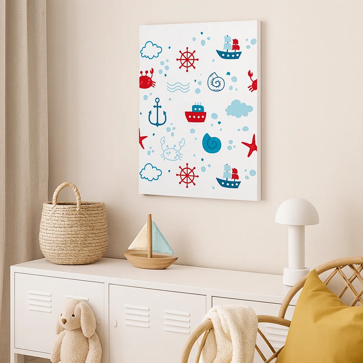 Cuadro sobre lienzo - Impresión de Imagen - Patrón náutico con anclas, barcos y cangrejos. - 50x70cm - Un cuento de mar - Decoración de pared moderna para salón y dormitorio ARTTOR