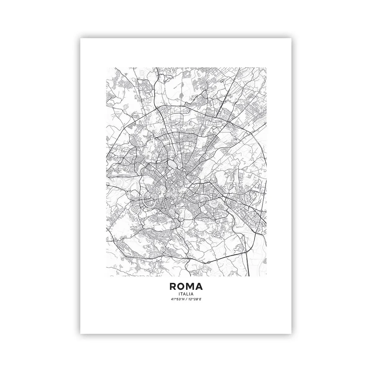 Póster - Mapa en blanco y negro de Roma con calles y monumentos detallados - 50x70cm - El círculo romano - Decoración de pared moderna para salón y dormitorio ARTTOR
