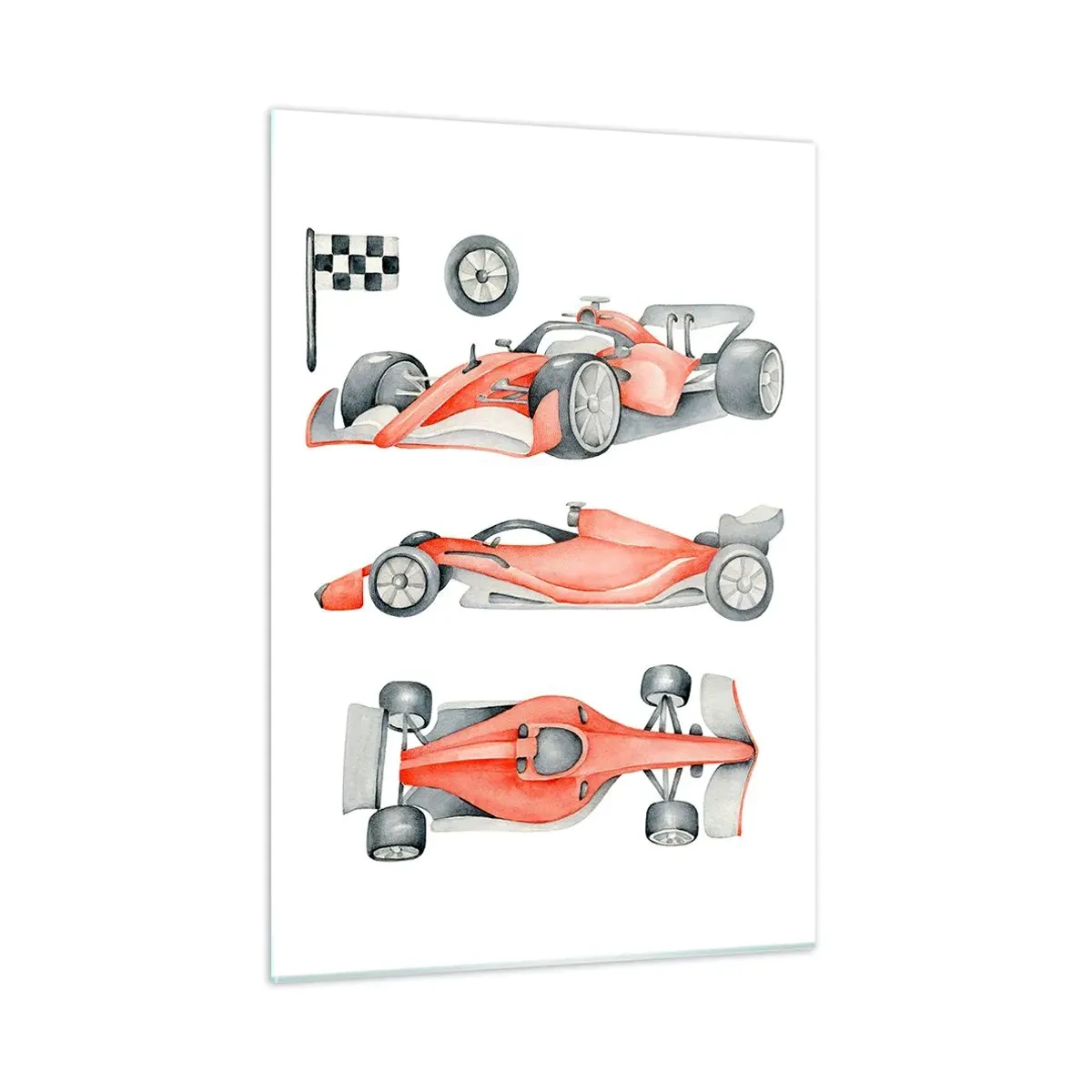 Cuadro sobre vidrio - Impresiones sobre Vidrio - Ilustración de tres disparos de un coche de carreras rojo con una bandera de carreras - 50x70cm - Para alcanzar un sueño - Decoración de pared moderna para salón y dormitorio ARTTOR