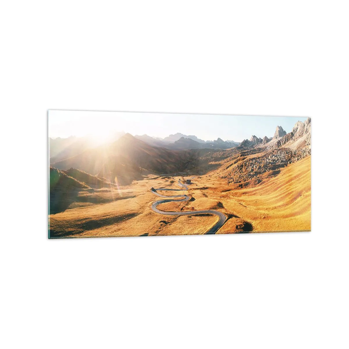 Cuadro sobre vidrio - Impresiones sobre Vidrio - Un camino sinuoso en las montañas iluminado por el sol poniente. - 120x50cm - En un valle dorado - Decoración de pared moderna para salón y dormitorio ARTTOR