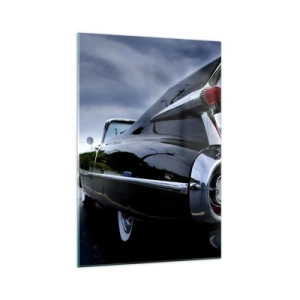 Cuadro sobre vidrio - Impresiones sobre Vidrio - Un coche retro clásico con cromo brillante y aletas. - 70x100cm - ¡Por eso es hermoso! - Decoración de pared moderna para salón y dormitorio ARTTOR