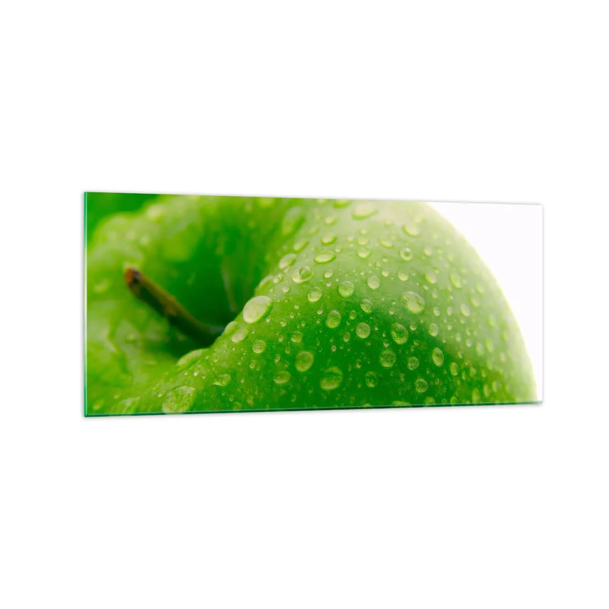 Cuadro sobre vidrio - Impresiones sobre Vidrio - Primer plano de una manzana verde con gotas de agua. - 120x50cm - Frescor verde - Decoración de pared moderna para salón y dormitorio ARTTOR