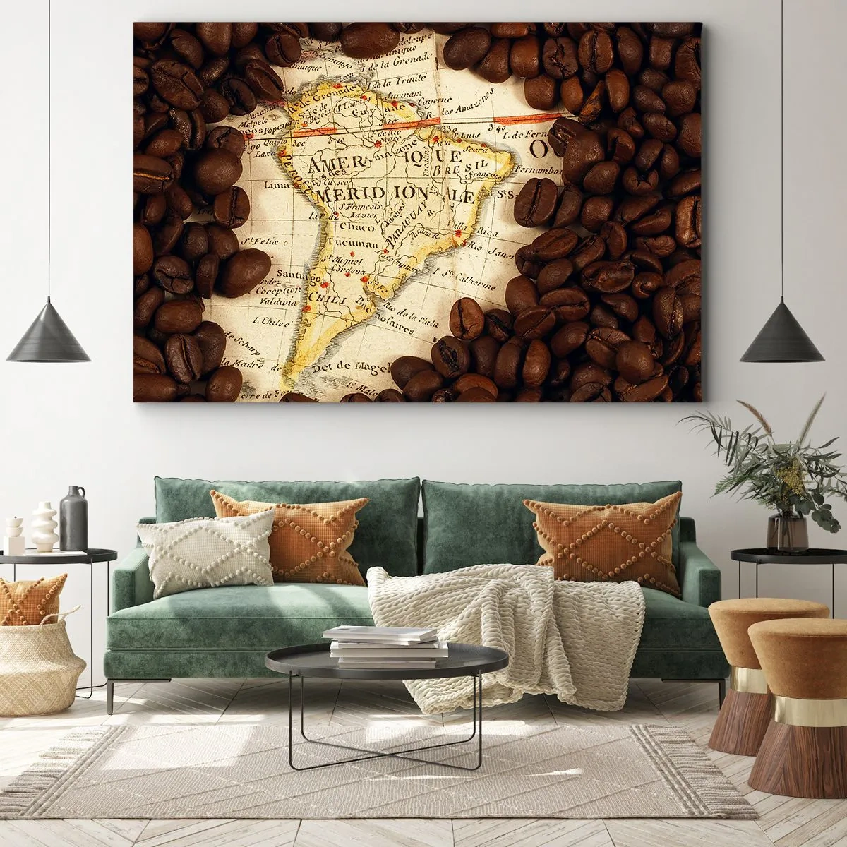 Cuadro sobre lienzo - Impresión de Imagen - Un mapa de Sudamérica rodeado de granos de café. - 70x50cm - ¿De dónde viene el mejor café? - Decoración de pared moderna para salón y dormitorio ARTTOR