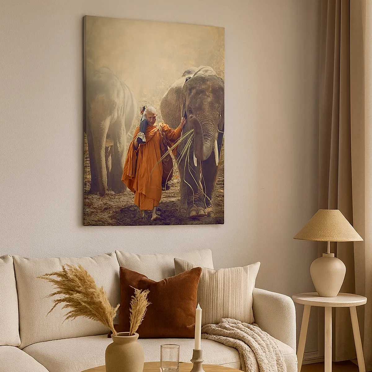 Cuadro sobre lienzo - Impresión de Imagen - Un monje con una túnica naranja guía un elefante en el bosque. - 50x70cm - Comprensión total - Decoración de pared moderna para salón y dormitorio ARTTOR
