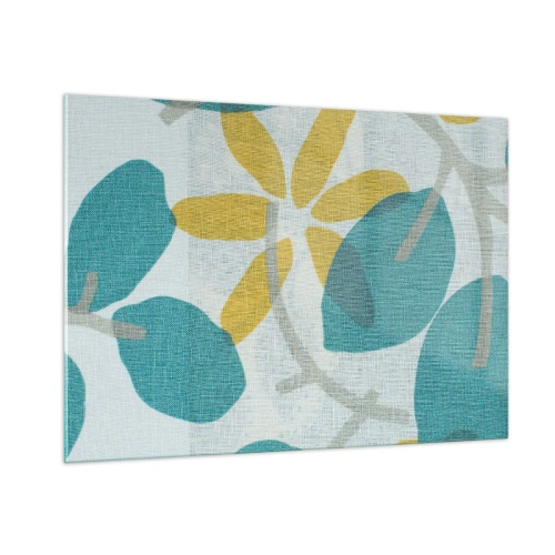 Cuadro sobre vidrio - Impresiones sobre Vidrio - Un gráfico de planta con hojas azules y flores amarillas. - 100x70cm - Entre hojas azules - Decoración de pared moderna para salón y dormitorio ARTTOR