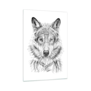 Cuadro sobre vidrio - Impresiones sobre Vidrio - Boceto de una cabeza de lobo en estilo monocromático sobre fondo blanco. - 80x120cm - Un líder nato - Decoración de pared moderna para salón y dormitorio ARTTOR