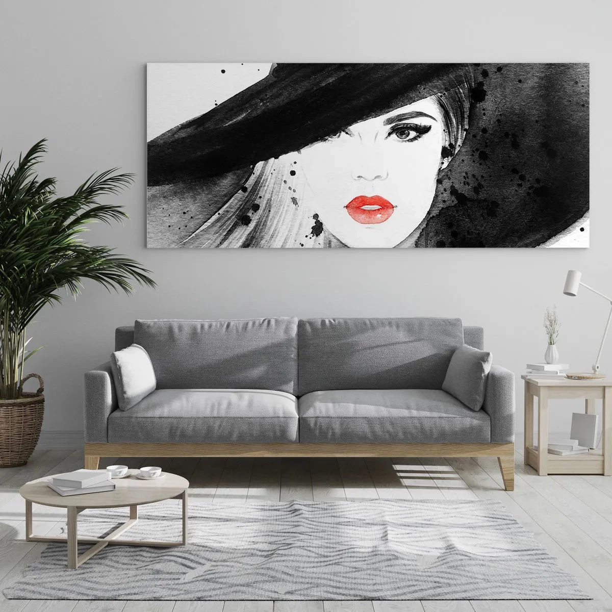 Cuadro sobre vidrio - Impresiones sobre Vidrio - Retrato de una mujer con sombrero y labios rojos. - 120x50cm - Dama de negro - Decoración de pared moderna para salón y dormitorio ARTTOR