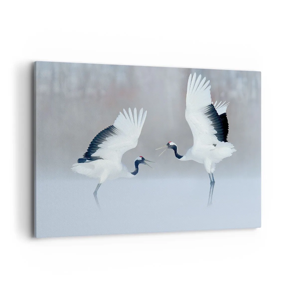 Cuadro sobre lienzo - Impresión de Imagen - Dos grullas bailando en un paisaje brumoso - 100x70cm - Danza en la niebla - Decoración de pared moderna para salón y dormitorio ARTTOR
