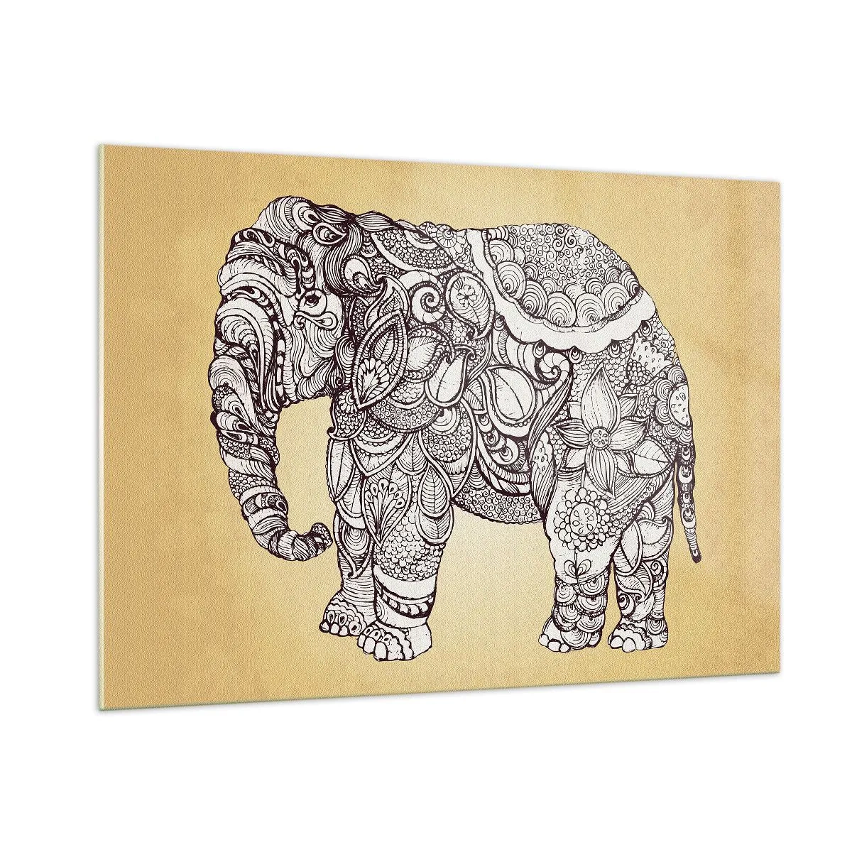 Cuadro sobre vidrio - Impresiones sobre Vidrio - Elefante blanco y negro con patrones orientales sobre fondo beige. - 100x70cm - El elefante decorado - Decoración de pared moderna para salón y dormitorio ARTTOR