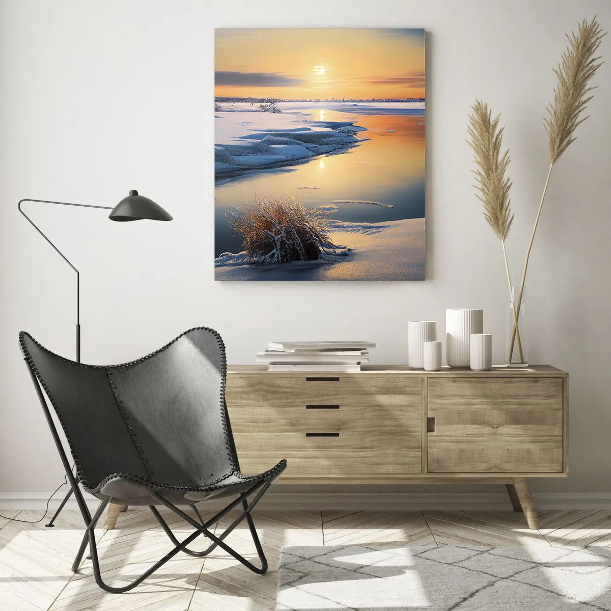 Cuadro sobre vidrio - Impresiones sobre Vidrio - Paisaje invernal con un río al atardecer - 70x100cm - Atardecer de invierno - Decoración de pared moderna para salón y dormitorio ARTTOR
