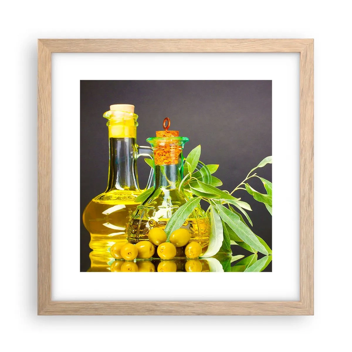 Póster en marco roble claro - Bodegón con aceitunas y aceite - 30x30 cm
