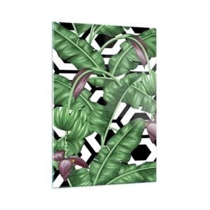Cuadro sobre vidrio - Impresiones sobre Vidrio - Hojas y flores tropicales sobre un fondo con patrón geométrico en blanco y negro - 50x70cm - Composición simétrica de la naturaleza - Decoración de pared moderna para salón y dormitorio ARTTOR