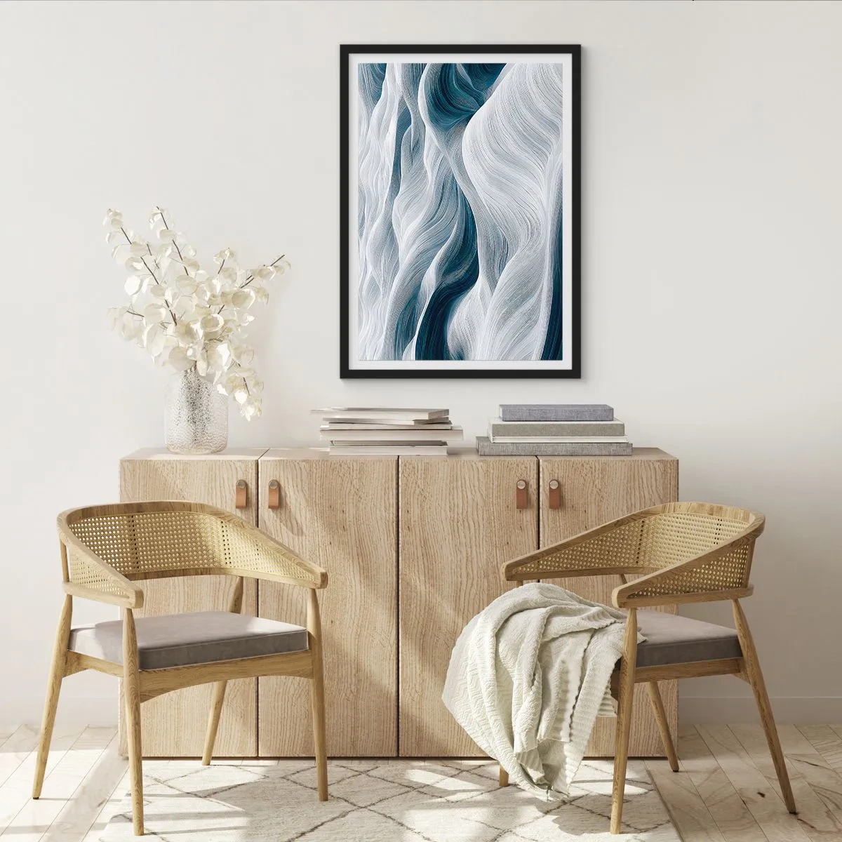 Póster en marco negro - Ondas abstractas en tonos blanco y azul marino - 50x70cm - Olas blancas y azules - Decoración de pared moderna para salón y dormitorio ARTTOR
