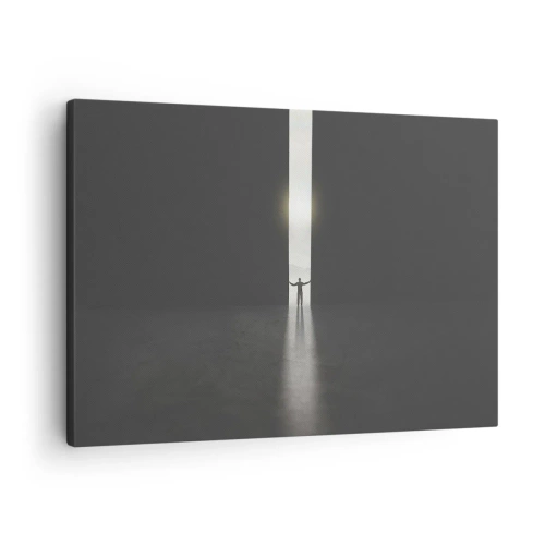 Cuadro sobre lienzo - Impresión de Imagen - Un hombre de pie a la luz de una estrecha rendija en un espacio oscuro. - 70x50cm - Un paso hacia un futuro brillante - Decoración de pared moderna para salón y dormitorio ARTTOR