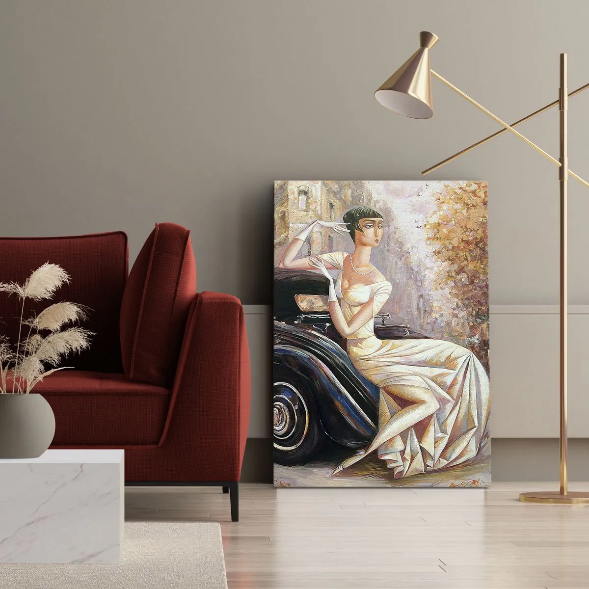 Cuadro sobre lienzo - Impresión de Imagen - Mujer retro junto a un coche clásico - 50x70cm - Elegancia retro - Decoración de pared moderna para salón y dormitorio ARTTOR
