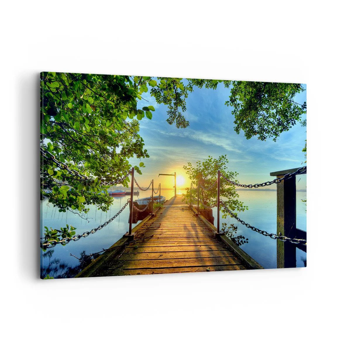 Cuadro sobre lienzo - Impresión de Imagen - Un muelle sobre el lago bajo los rayos del atardecer. - 120x80cm - Atardecer junto al agua - Decoración de pared moderna para salón y dormitorio ARTTOR