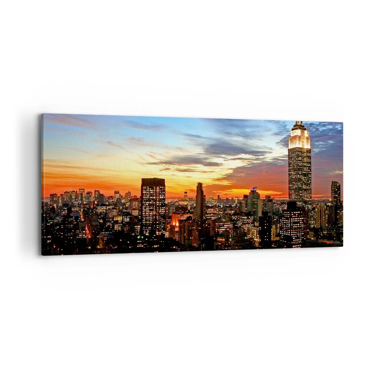 Cuadro sobre lienzo - Impresión de Imagen - Panorama de la ciudad con rascacielos iluminados al atardecer - 120x50cm - Una luminosa noche americana - Decoración de pared moderna para salón y dormitorio ARTTOR