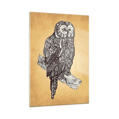 Cuadro sobre vidrio - Impresiones sobre Vidrio - Búho de estilo ornamental sobre fondo sepia - 50x70cm - Intrincados ornamentos de sabiduría - Decoración de pared moderna para salón y dormitorio ARTTOR