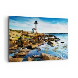Cuadro sobre lienzo - Impresión de Imagen - Un faro en una costa rocosa en un día soleado. - 100x70cm - Esperando vuestro regreso - Decoración de pared moderna para salón y dormitorio ARTTOR
