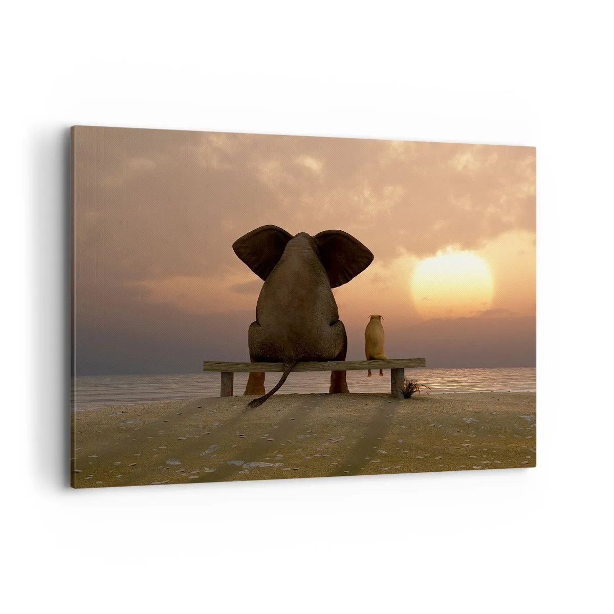 Cuadro sobre lienzo - Impresión de Imagen - Un elefante y un perro están sentados en un banco en la playa durante el atardecer. - 100x70cm - Es bueno estar en silencio juntos - Decoración de pared moderna para salón y dormitorio ARTTOR