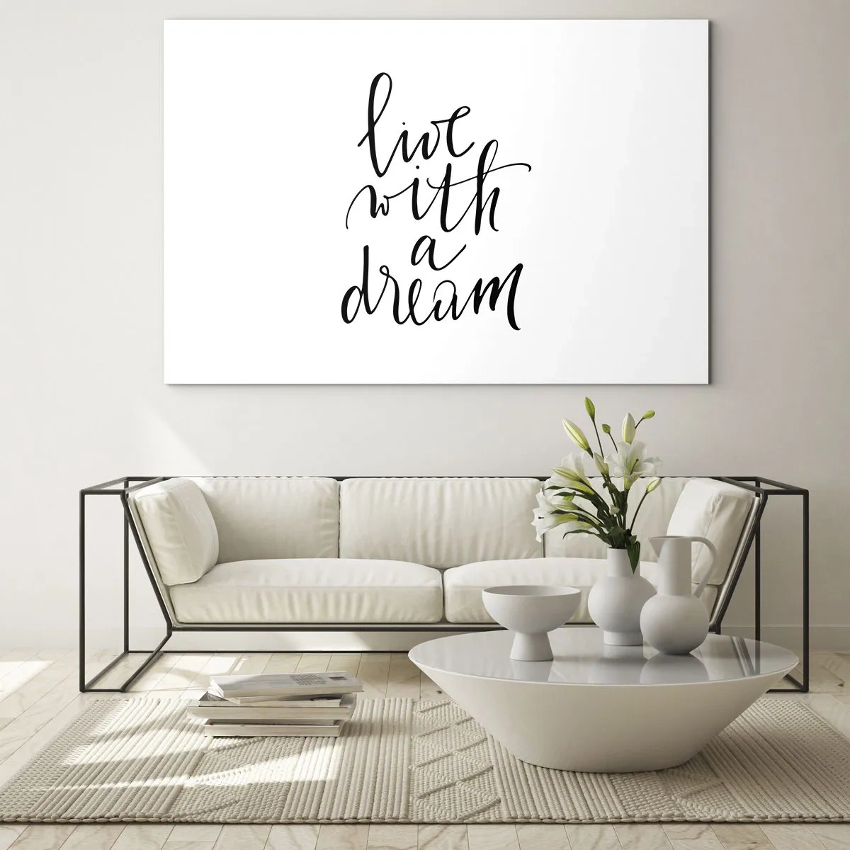 Cuadro sobre vidrio - Impresiones sobre Vidrio - Cita "Vive con un sueño" en elegante caligrafía. - 70x50cm - Por supuesto - Decoración de pared moderna para salón y dormitorio ARTTOR