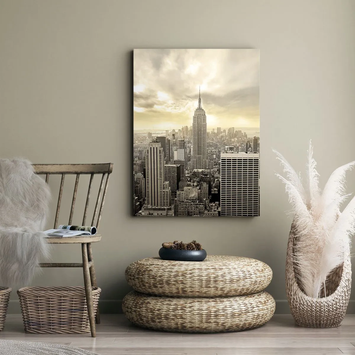 Cuadro sobre lienzo - Impresión de Imagen - Panorama de la ciudad con vista al Empire State Building - 50x70cm - Tejido neoyorquino en tonos grises - Decoración de pared moderna para salón y dormitorio ARTTOR