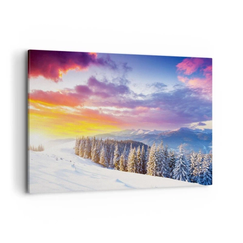Cuadro sobre lienzo - Impresión de Imagen - Paisaje invernal con montañas y bosque al atardecer - 120x80cm - Día blanco - Decoración de pared moderna para salón y dormitorio ARTTOR