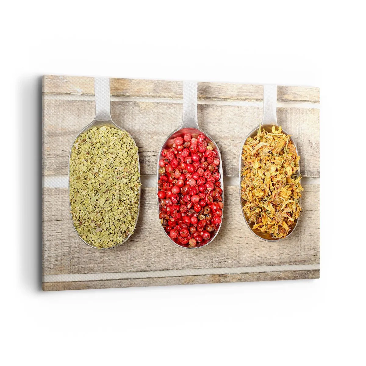 Cuadro sobre lienzo - Impresión de Imagen - Tres cucharas de metal con especias sobre un fondo de madera. - 100x70cm - La magia de la cocina - Decoración de pared moderna para salón y dormitorio ARTTOR