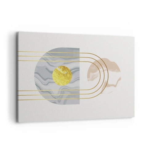 Cuadro sobre lienzo - Impresión de Imagen - Composición abstracta con círculos y líneas doradas sobre fondo claro. - 100x70cm - Brillo y resplandor - Decoración de pared moderna para salón y dormitorio ARTTOR