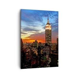 Cuadro sobre lienzo - Impresión de Imagen - Panorama de la ciudad con rascacielos iluminados al atardecer - 50x70cm - Una luminosa noche americana - Decoración de pared moderna para salón y dormitorio ARTTOR