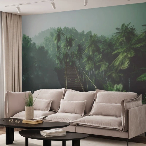 Fotomural Standard Eco - Un puente colgante en una jungla tropical rodeado de niebla. - 100x70cm - Sobre un mar de verde - Decoración de pared moderna para salón y dormitorio ARTTOR