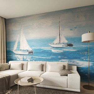 Fotomural Premium Sand - Dos veleros en un mar azul tranquilo - 100x70cm - Con un amigo a tu lado - Decoración de pared moderna para salón y dormitorio ARTTOR