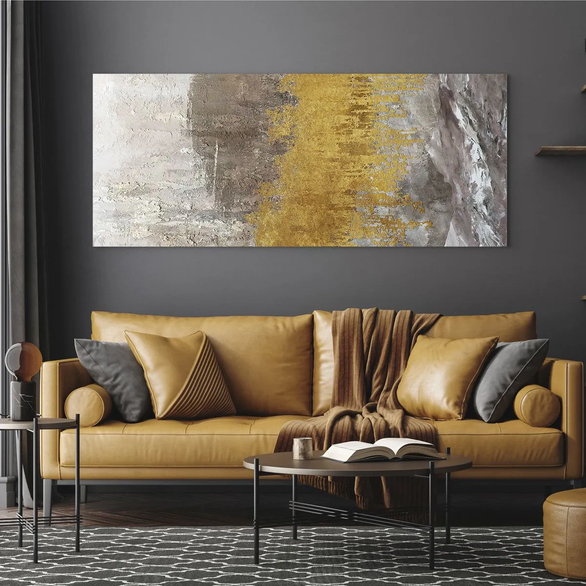 Cuadro sobre vidrio - Impresiones sobre Vidrio - Patrón abstracto dorado y beige - 120x50cm - Una ráfaga dorada - Decoración de pared moderna para salón y dormitorio ARTTOR