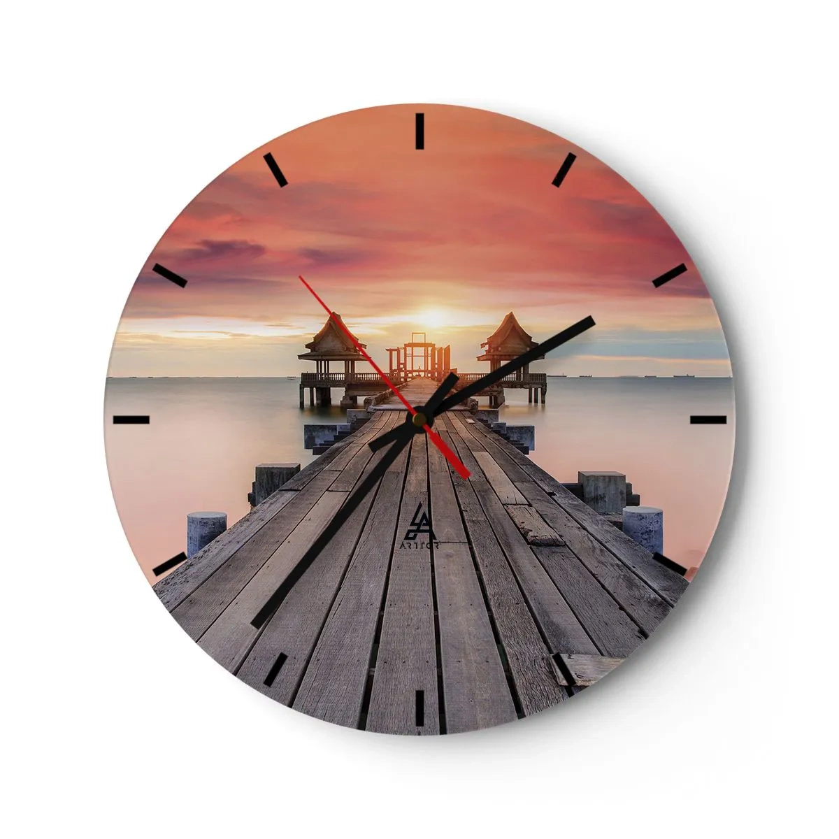 Reloj de pared - Reloj de vidrio - Muelle de madera que conduce a miradores junto al mar al atardecer - 30x30cm - De este a oeste - Decoración de pared moderna para salón, cocina y dormitorio ARTTOR