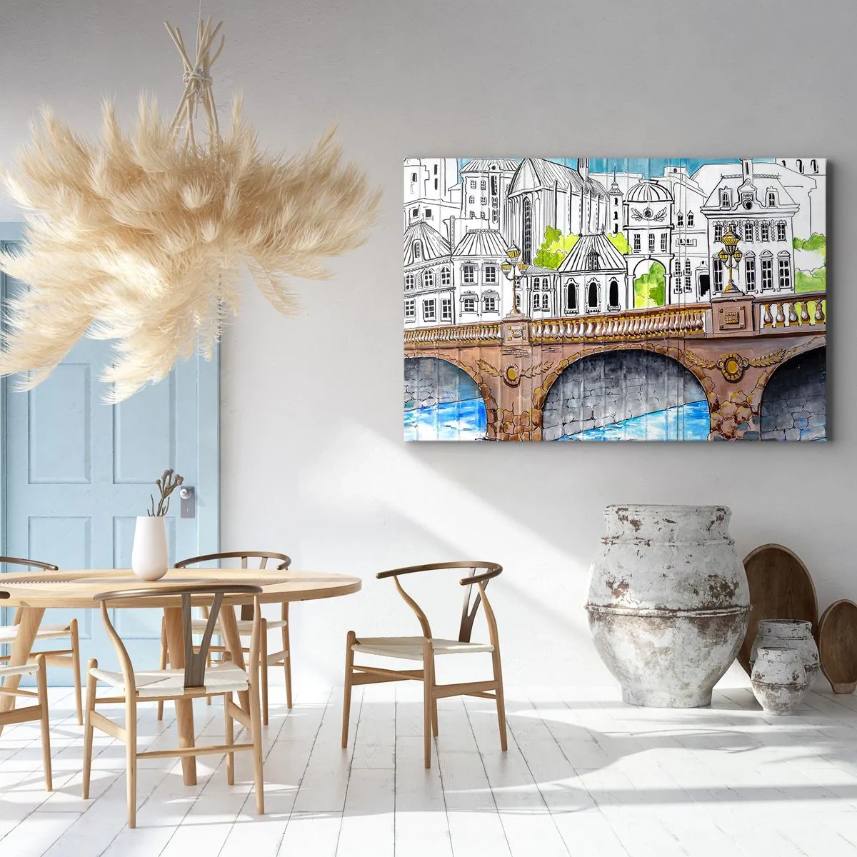 Cuadro sobre lienzo - Impresión de Imagen - Dibujo del puente y arquitectura urbana histórica - 100x70cm - Una ciudad de dibujo - Decoración de pared moderna para salón y dormitorio ARTTOR
