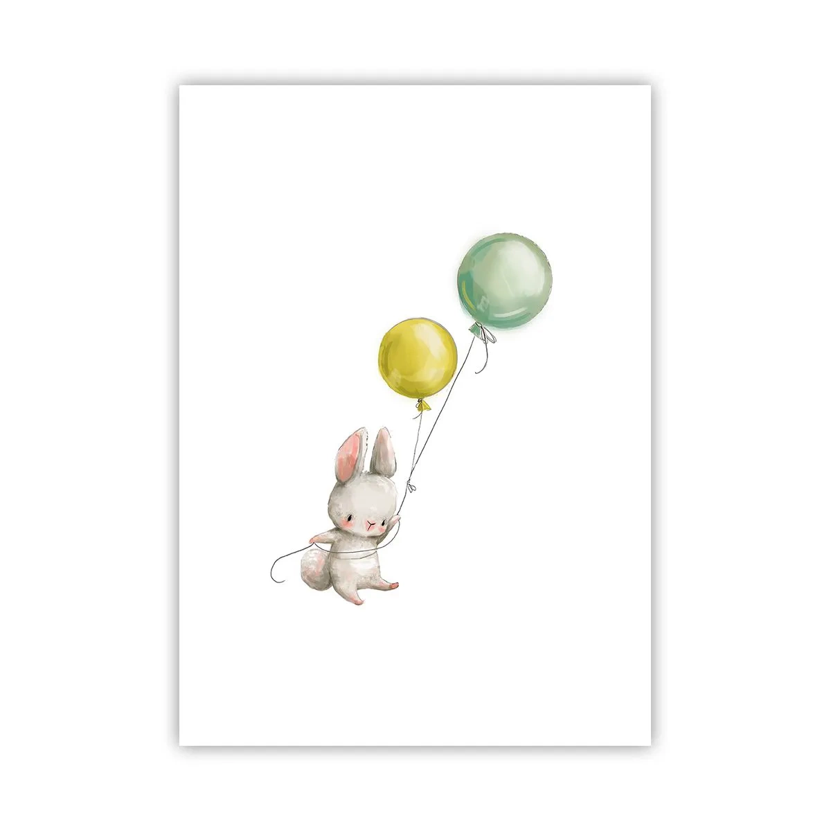 Póster - Un conejo sosteniendo dos globos verdes y amarillos. - 50x70cm - ¡Yo también volaré! - Decoración de pared moderna para salón y dormitorio ARTTOR
