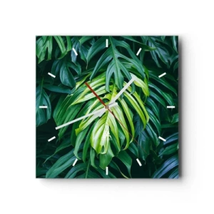 Reloj de pared - Reloj de vidrio - Hojas verdes en un denso arreglo tropical. - 30x30cm - Sumérjase en la frescura - Decoración de pared moderna para salón y dormitorio ARTTOR
