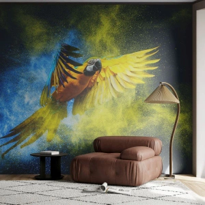 Fotomural Premium Sand - Un loro volador en una explosión de polvo amarillo y azul. - 100x70cm - En polvo azul y dorado - Decoración de pared moderna para salón y dormitorio ARTTOR