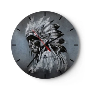 Reloj de pared - Reloj de vidrio - Retrato de un guerrero con un tocado de plumas sobre un fondo gris. - 30x30cm - Regreso a las raíces - Decoración de pared moderna para salón, cocina y dormitorio ARTTOR