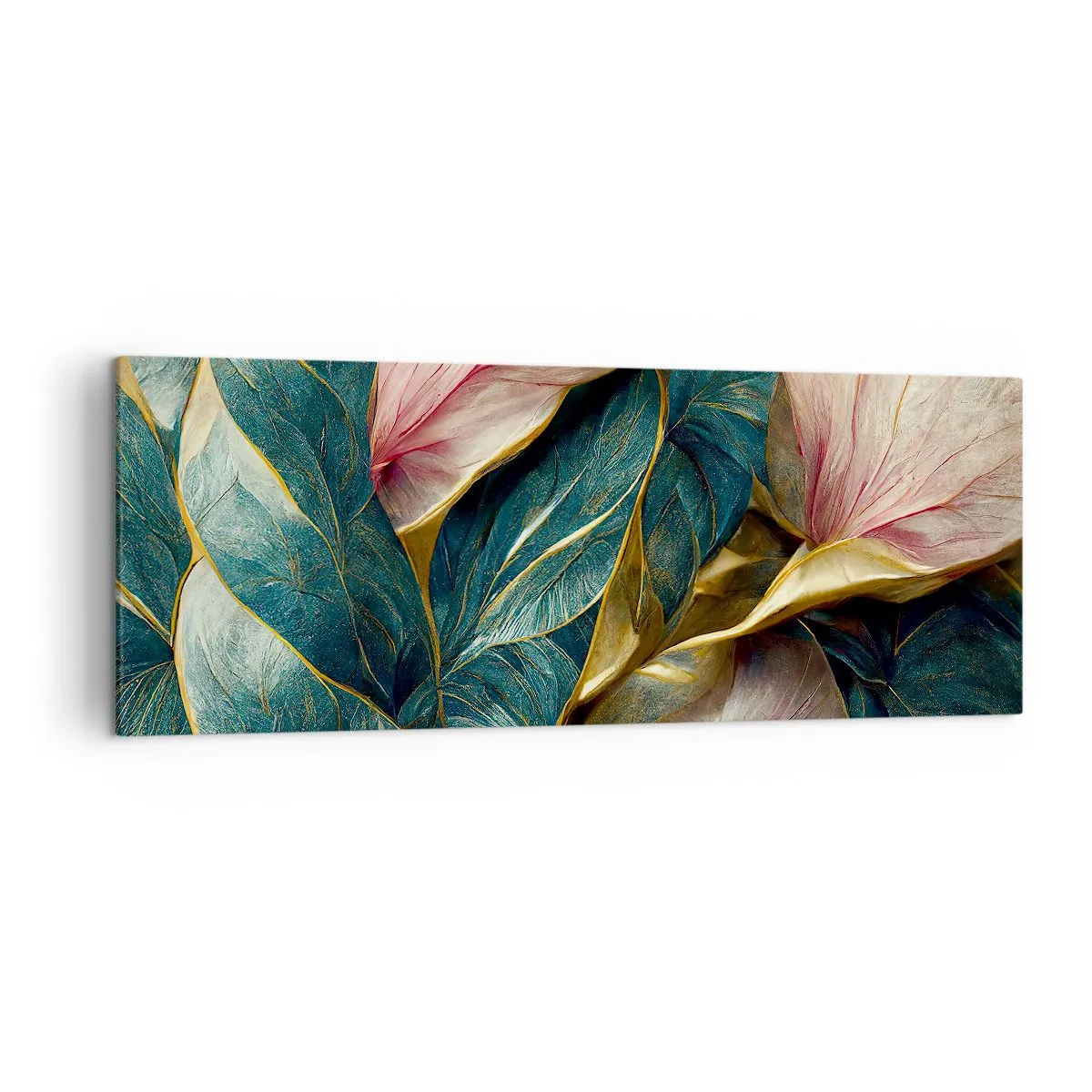 Cuadro sobre lienzo - Impresión de Imagen - Hojas elegantes en verde, dorado y rosa. - 140x50cm - Elegancia y estilo naturales - Decoración de pared moderna para salón y dormitorio ARTTOR