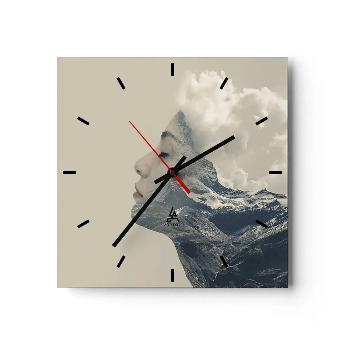 Reloj de pared - Reloj de vidrio - Silueta de una mujer con un paisaje montañoso al fondo - 30x30cm - La belleza de los elementos - Decoración de pared moderna para salón y dormitorio ARTTOR