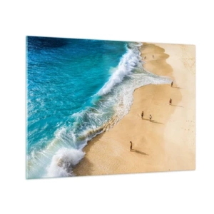 Cuadro sobre vidrio - Impresiones sobre Vidrio - Una playa dorada con agua turquesa y gente caminando por la orilla. - 70x50cm - Y luego el sol, la playa... - Decoración de pared moderna para salón y dormitorio ARTTOR