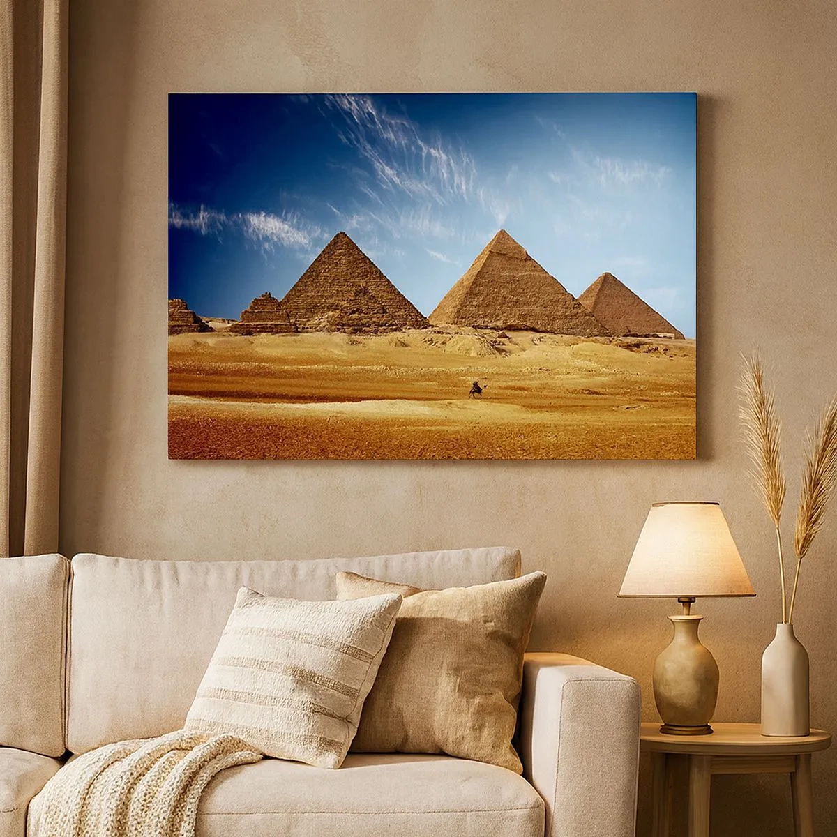 Cuadro sobre lienzo - Impresión de Imagen - Las pirámides de Giza contra un cielo azul y un paisaje desértico. - 70x50cm - 40 siglos te observan - Decoración de pared moderna para salón y dormitorio ARTTOR
