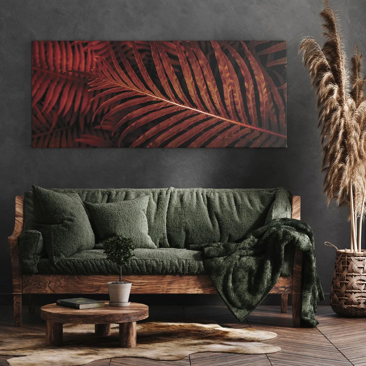 Cuadro sobre lienzo - Impresión de Imagen - Primer plano de hojas tropicales rojas - 140x50cm - Las brasas de la vida - Decoración de pared moderna para salón y dormitorio ARTTOR