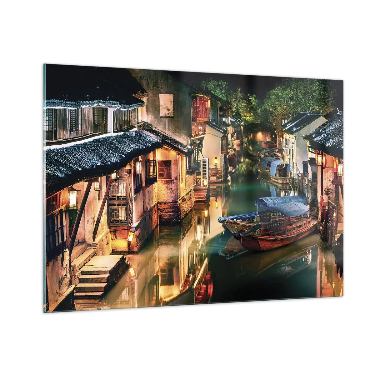 Cuadro sobre vidrio - Impresiones sobre Vidrio - Calle china de noche con barcos y luces a lo largo del canal. - 100x70cm - Noche en una calle china - Decoración de pared moderna para salón y dormitorio ARTTOR