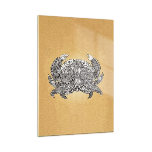 Cuadro sobre vidrio - Impresiones sobre Vidrio - Dibujo estilizado de un cangrejo con adornos sobre un fondo amarillo. - 50x70cm - Cuentos del Sr. Cangrejo - Decoración de pared moderna para salón y dormitorio ARTTOR