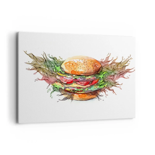 Cuadro sobre lienzo - Impresión de Imagen - Ilustración artística de una hamburguesa con elementos dinámicos. - 100x70cm - Tentación irresistible - Decoración de pared moderna para salón y dormitorio ARTTOR