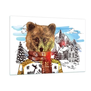 Cuadro sobre vidrio - Impresiones sobre Vidrio - Un oso con un suéter y una bufanda con montañas y una casa al fondo. - 120x80cm - Así paso yo el invierno - Decoración de pared moderna para salón y dormitorio ARTTOR